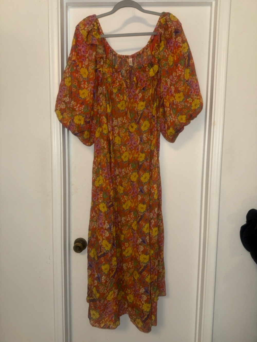 Spell Floral Puff-Sleeve Midi Dress in Mustard and Pink